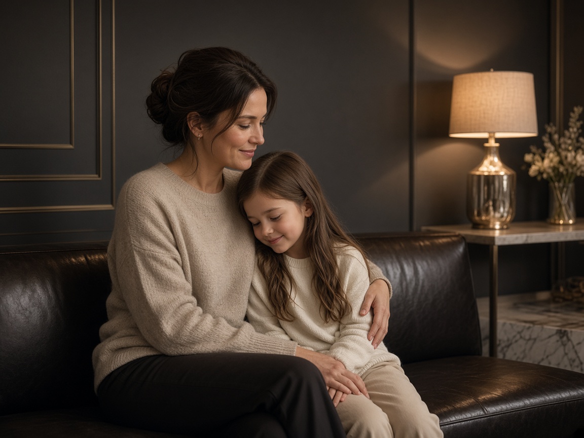 Parent and child waiting together in a soft lit alcove